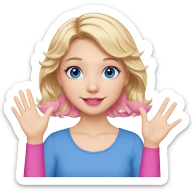 Girl Blonde short wavy hair,  blue eyes, cute blue top, long lashes, pink lips, waving hello  sticker