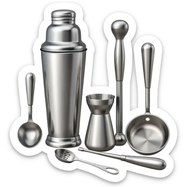 A metal shaker set including a shaker, jigger, and muddler neatly placed on the counter.
 sticker