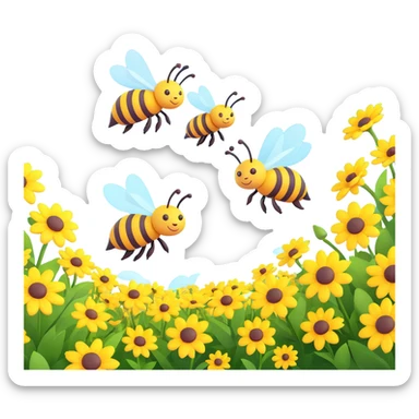 Two bees flying above yellow flowers with a yellow background and a sun in the sky sticker