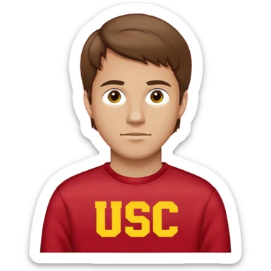 white man with brown hair in a red sweatshirt with USC in yellow letters sticker