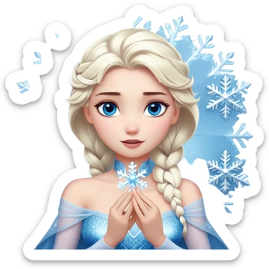 Cinematic Realistic Elsa Portrait, depicted with lifelike skin texture, soft natural lighting, and intricately detailed platinum blonde hair styled elegantly. Her striking, expressive blue eyes exude confidence and grace, complemented by a serene and regal expression. She holds a shimmering snowflake delicately in one hand, her other hand resting against her gown, embodying the power and beauty of winter. She is dressed in her signature icy attire, with shimmering fabric textures and delicate folds that catch the light beautifully. The portrait features a soft, enchanting glow with a cool, radiant finish, capturing the essence of timeless elegance in a realistic and painterly style. sticker