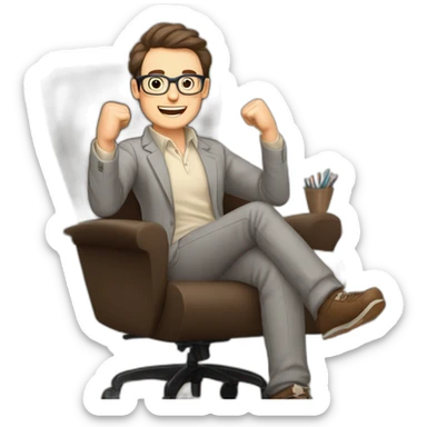 Joyful Celebrating victory Hands up Pale skinned Fit Man With dark brown hair in gray jacket, beige office shirt, Brown pants and vintage glasses sitting In a soft chair sticker