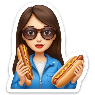 tourist brunette long hair woman with sunglasses holding hot dog sticker
