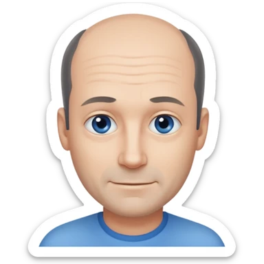 Middle aged man with black-greyish receding hairline, small blue eyes, clear face, shy smile sticker