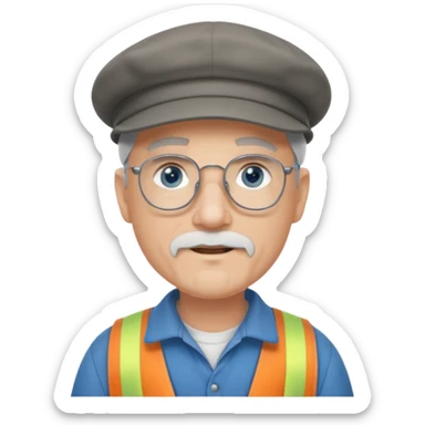 Older cute white male, grey Irish flat cap, handyman, blue eyes wire rim glasses, goatee sticker