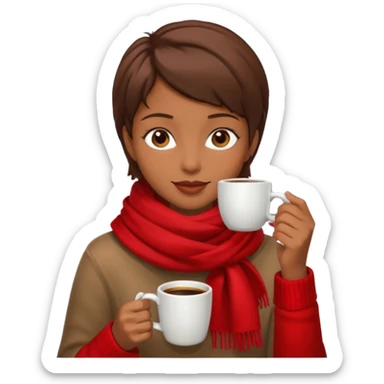a girl with brown short hair, having red scarf, drink coffee, enjoy sticker