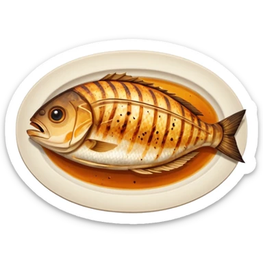 create a Whole good brownish Grilled Fish Camera angle: slightly elevated top-down view with a gentle bird’s-eye perspective (about 15–20°), identical perspective and scaled do not add anything on plate

 sticker