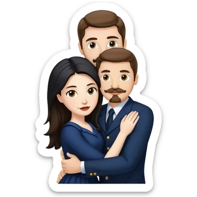 tall white man with brown hair goatee mustache hugging a pale woman with long black hair, wearing navy formal clothing sticker