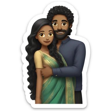 Light skin;Black long hair girl  in a saree hugging with a man with black beard and curly hair on top sticker