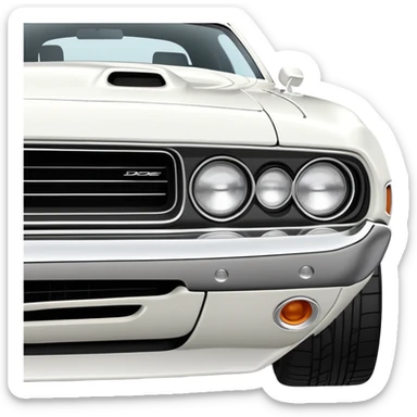 Precisely proportioned white 1971 Dodge Challenger, consistent 30-degree angle showing correct perspective of front and side, authentic muscle car structure, completely white exterior, iOS emoji style sticker
