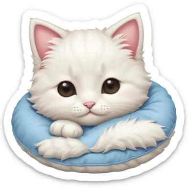 Stitch white fluffy kitten snuggling a pillow, cheeks rosy, eyes closed in > < shape sticker