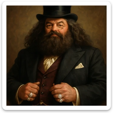 Hagrid dressed in a fancy suit with a top hat, monocle, and diamond rings, exuding wealth and confidence, detailed, elegant style sticker