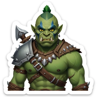 Cinematic Realistic WoW Orc Warrior Portrait, head tilted epicly and inquisitively, showcasing a commanding presence and raw, unyielding power. His battle-hardened green skin and muscular form, accented by meticulously crafted tribal armor in deep earthy hues, are rendered with lifelike clarity and dynamic lighting, high shine, epic and awe-inspiring, embodying the relentless spirit of an orc warrior ready for battle. sticker