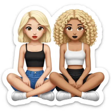 Full body of two teenage girls sitting together, one white with straight blonde hair and one brown-skinned with curly black hair, both with heavy makeup, big lips, crop tops and choni style clothing sticker