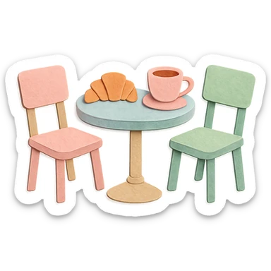 kawaii coffee shop table and chairs set with croissant and coffee, soft pastel hand-drawn illustration sticker
