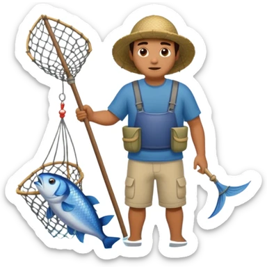 a Polynesian fisherman standing in the water with a large net full of fish sticker