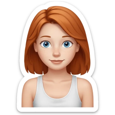 Una chica de tez blanca con pecas, nariz respingada, labios gruesos, ojos grandes color azul grisáceo, pelo largo, lacio, color avellana. Con una blusa de tirantes blanca. Que este sonriendo y q solo se vea de la cintura hacía arriba sticker