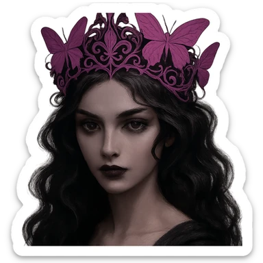 Change the butterfly crown to matte pink with purple butterflies and gothic filigree, mysterious and elegant. Keep the background transparent. sticker