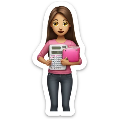 Pretty Girl with straight brown hair holding one pink calculator in her hand sticker