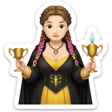 Helga Hufflepuff,brown-haired,2 braids,yellow-black medieval open dress,deep neckline,fat macromastia,black cloak decorated with gold braiding,gold cup with two handles,wand,very kind smile,curvy busty sweet woman,round rosy cheeks,full length with medieval shoes sticker