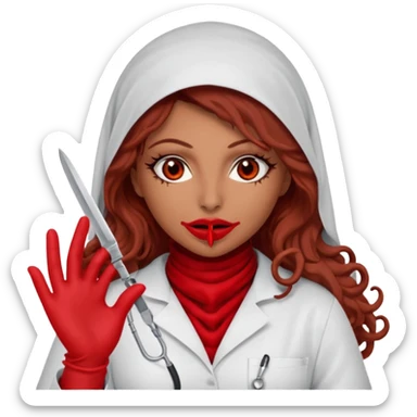 Lilith scalpel in hand, evil surgeon sexy surgeon clothes.  She has red eyes. She brown long curly hair. Wears sexy doctor outfit with red gloves.hair is free and brown  Wears red burka to hide her mouth and nose sticker