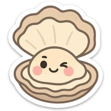 cute oyster with winking expression and rosy cheeks, pastel toon style, cream and greige colors sticker