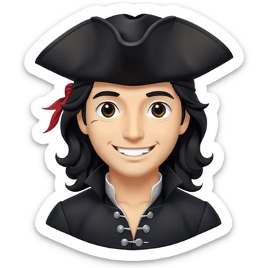 A charismatic pirate with wavy black hair, wearing a black tricorn hat and a sleek black coat with silver buttons, smiling confidently. sticker