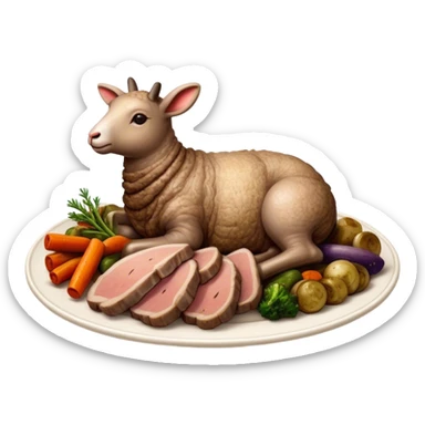 Roast Lamb Cinematic Realistic Roast Lamb Dish Emoji, depicted as thinly sliced roast lamb arranged artfully on a plate, rendered with rich textures and warm, inviting lighting. sticker