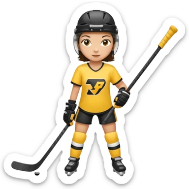 Girl hockey player with yellow and black jersey full body brunette with helmet sticker