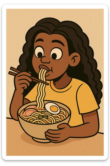 dark skin African American girl with long curly black hair, wearing a yellow shirt, eating a bowl of ramen, cartoon style sticker