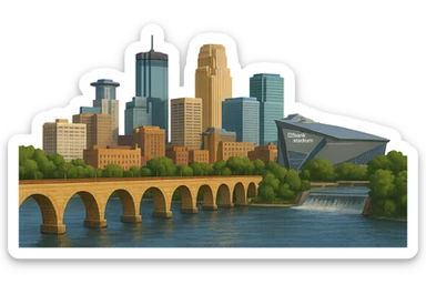 cinematic realistic emoji of Minneapolis wide city view with iconic landmarks Stone Arch Bridge IDS Center US Bank Stadium Mississippi River lifelike detail accurate colors bright daytime lighting no sky no clouds no city name label transparent background sticker