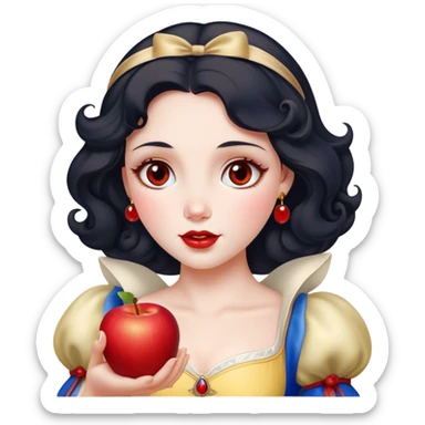 Cinematic Elegant Snow White Portrait Emoji, Delicately holding a red apple, eyes glimmering with mystery, soft curls perfectly placed, her royal presence glowing with a warm, enchanting charm! sticker