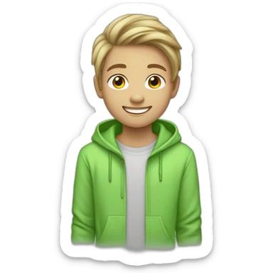 An 11 year old smiling boy with light skin and half long blind hair wearing a light green hoody sticker