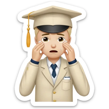 Create an emoji of a student with white skin tone crying. He is wearing a university uniform, including a shirt and pants and hat. The man is visibly upset, with tears streaming down his face, and he is wiping his eyes with his hand. The background should be simple to emphasize his emotional state, conveying the feeling of being overwhelmed with school stress or personal struggles sticker