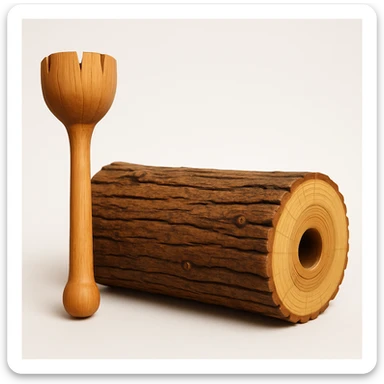 Make the wooden trunk more realistic and colorful, remove any human features such as eyes and mouth, keep the small mallet, and maintain a white background. Style should be realistic and colorful. sticker