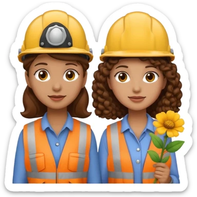 boyfriend and girlfriend couple emoji, both with brown hair, girl with curly hair, both wearing construction helmets and flats, girl holding a flower sticker