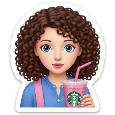 make an emoji of a curly brunette blue eye girl wearing light pink drinking a strawberry acai refresher from starbucks sticker