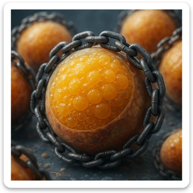 hyper realistic 4K adipocytes accumulating fat, blocked by chains, cellular details, scientific atmosphere sticker