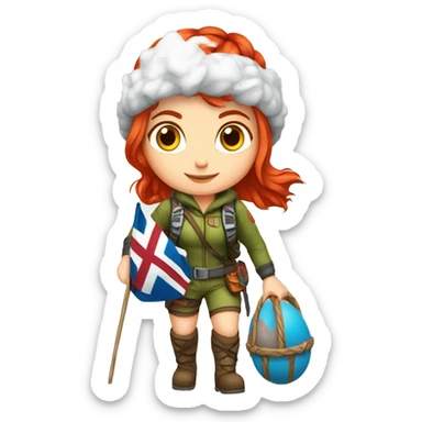 Female winter mountaineer red hair white skin climbing with Greek Flag and Easter eggs basket sticker