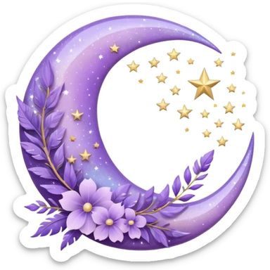 Beautiful sparkly glittery shiny pretty floating pastel lilac lavender Violet crescent-moon and flowers and leaves and feathers and sparkles and stars aesthetic deco sticker