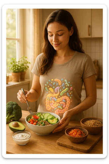 A realistic, warm-toned image of a young woman in a bright, cozy kitchen preparing a healthy meal rich in fiber and probiotics. She smiles softly, focused and calm, as she adds fresh vegetables, fermented foods like yogurt or kimchi, and whole grains to a bowl. Around her abdomen, a subtle, glowing overlay of balanced gut flora—colorful, friendly bacteria and microbes—swirls gently, symbolizing intestinal health and harmony. The setting is natural and inviting, with sunlight streaming through the window, potted herbs on the counter, and clean wooden surfaces. The overall mood conveys wellness, self-care, and the positive journey toward gut balance sticker