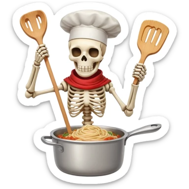 Papyrus from Undertale cooking spaghetti, tall skeleton with red scarf and white armor, enthusiastically stirring pasta in a pot, chef hat sticker