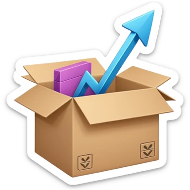 Minimal line-art icon of a shipping box with an arrow going up or a price tag, simple modern style, clean outlines, slightly 3D, no background, transparent, represents “reselling / e-commerce / flipping items” sticker