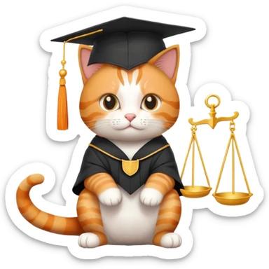 cat sitting, graduation cap on head, scales of justice in front sticker