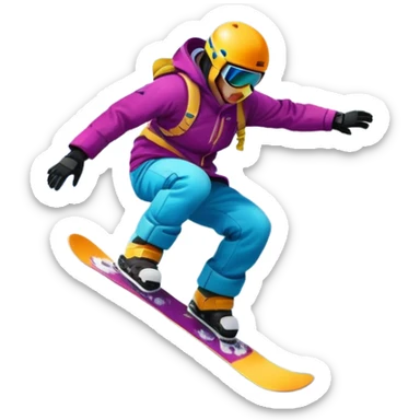 An icon showing a snowboarder performing an exciting jump on a snow-covered slope. The background features towering mountains, snow-covered trees, and a bright, clear sky. Transparent background highlights the speed, agility, and thrill of snowboarding. sticker