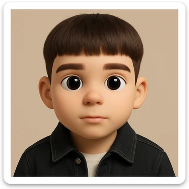 Create a realistic 3D emoji based on the photo with large eyes, preserving facial details, without pimples and mustache, wearing a black denim jacket. The style should resemble a 3D emoji look. sticker