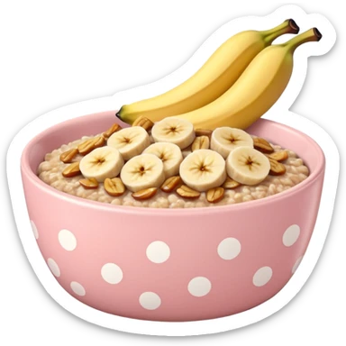 baked oats in a bowl like oat meal with a couple banana slices on top that look a little bit caramelised and a light pink bowl with white polka dots sticker