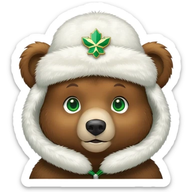 Adorable brown bear with green eyes, white furry ushanka with clear Russian Federation emblem centered on front, minimalist iOS emoji style sticker