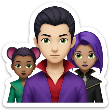 Solo poly platonic relationship, one African girl, one Asian boy, one biracial features Asian tomboy girl rat-tail hair long and upper masculine hair 90s, vampire and marvel cosplay elements inspired  use marvel race, like instead of obvious human, green purple blue etc,  sticker
