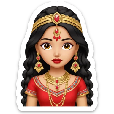 a pretty bratz fair indian girl wearing a red indian wedding outfit,  golden jewellery, black wavy hair sticker